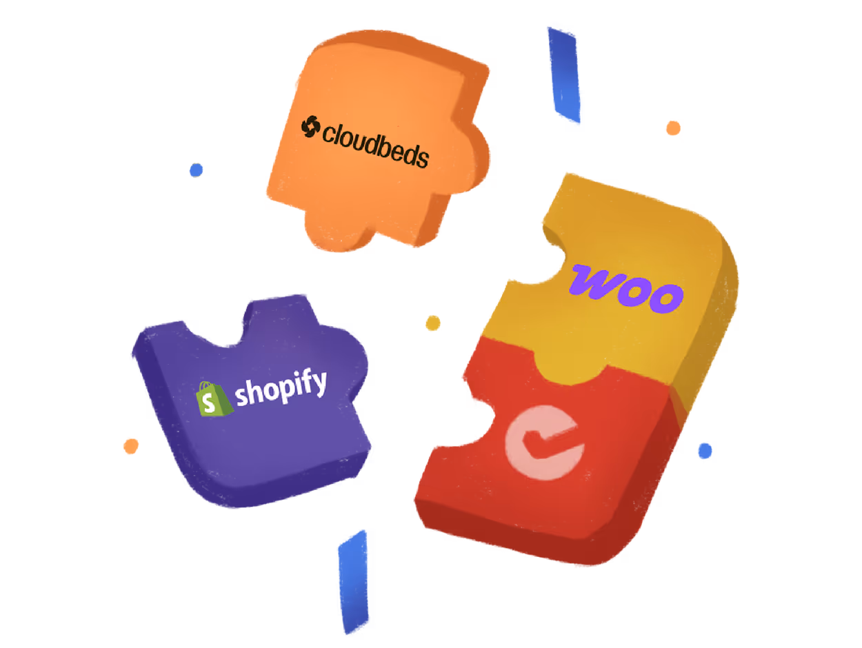 Shopify, WooCommerce, and Wix puzzle pieces connected to Tilopay