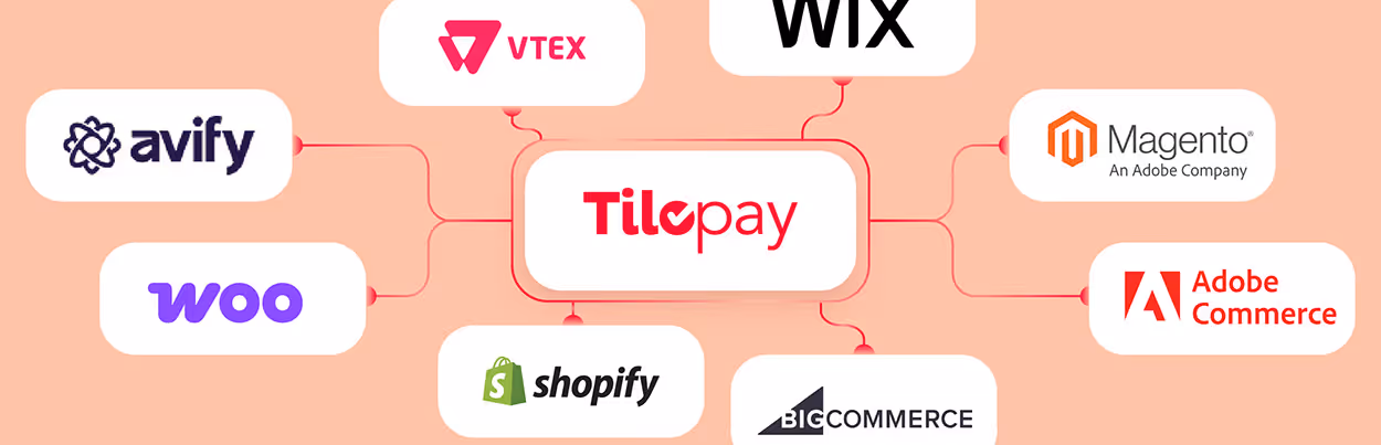 Tilopay connected with VTEX, Wix, Magento, Woo, Shopify, and Adobe Commerce