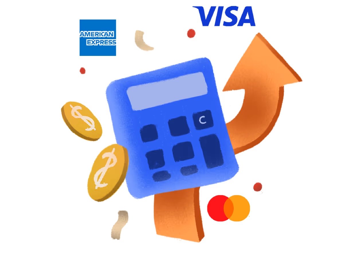 Calculator, coins, and Visa, Mastercard, and American Express logos